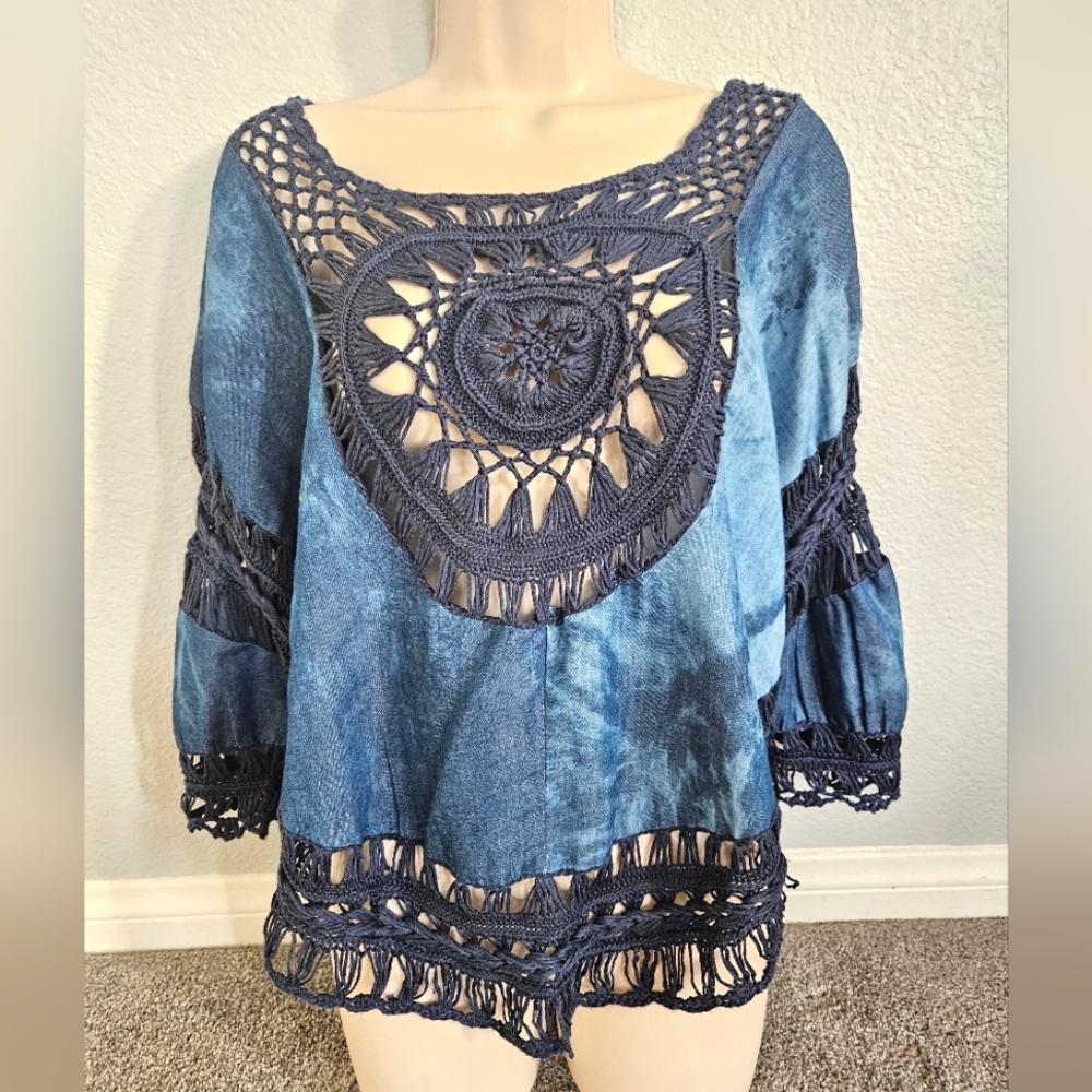 Vivid Importers of NY Blue Crocheted Top Native American Drop Shoulder BOHO SZ M